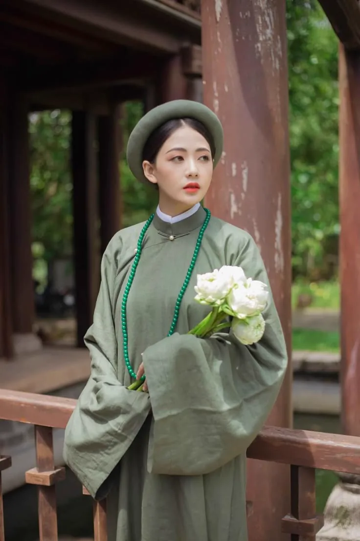Thiếu nữ mặc áo dài truyền thống màu xanh